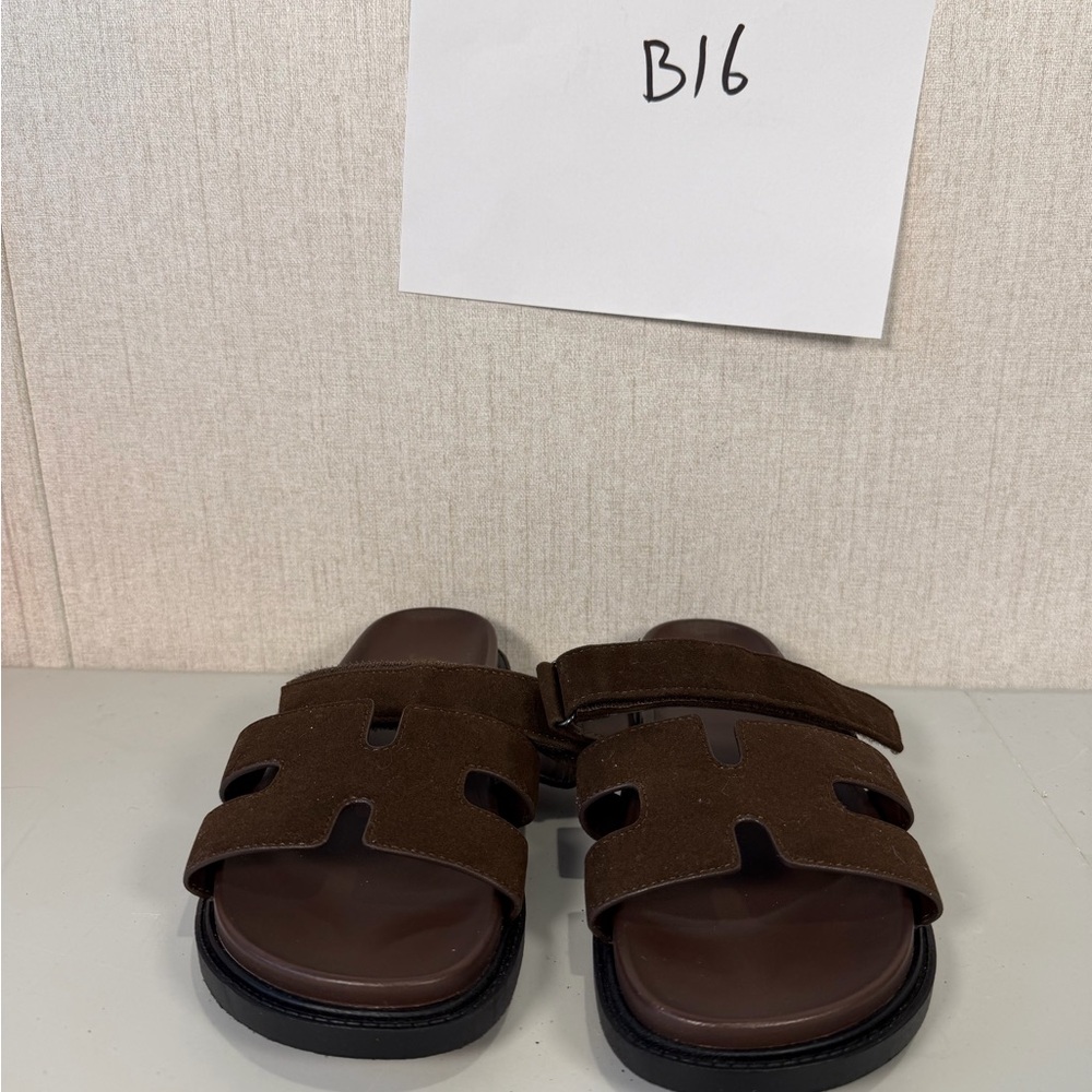 Brown Suede Slide Sandals - Picture 2 of 9